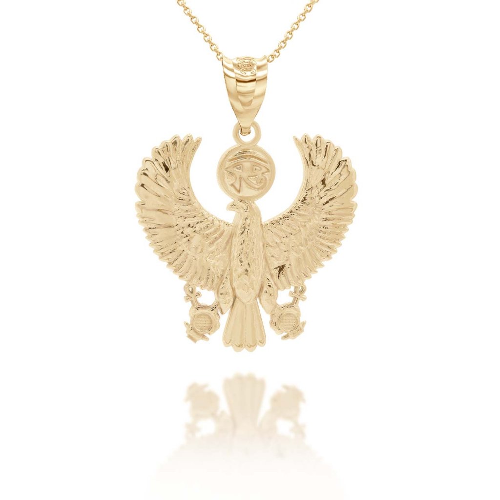 Solid 10k Gold Egyptian Protection Eagle Eye Of Horus Ankh Pendant Necklace 488$